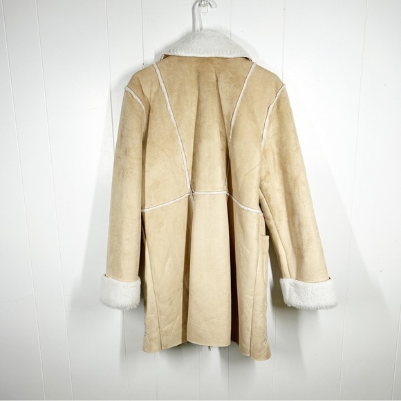 Faux Suede and Fur Zip Up Tan Coat with Floral Embroidery Large - Picture 2 of 7